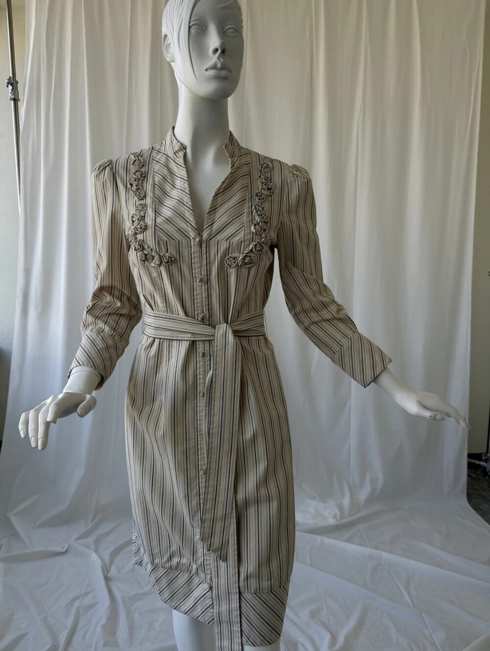 To the Max Cream and Navy Striped Button-Front Dress with Rosette Detail